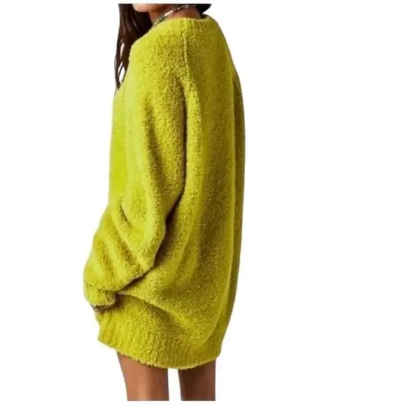 Free People Oversized Sweater Wool Blend Teddy Tunic Green Size XL Preppy Boho - Picture 2 of 9